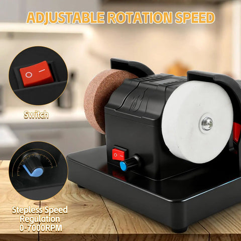 Close-up of Grab And Go Cordless Mini Bench Grinder With Variable Speed Control Up To Seven Thousand RPM Dual Grinding Wheels.