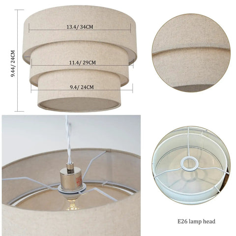Three Tier Linen Drum Lampshade For E26 Ceiling Pendant Light Modern Hanging Lamp Fixture with beige fabric and E26 holder