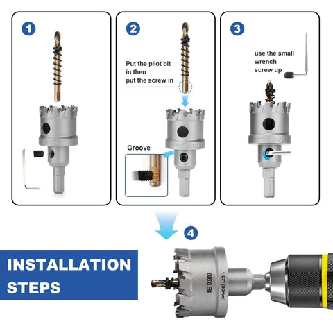 Amazon Tools 1-inch tungsten carbide tip hole saw with M2 pilot bit; installation steps shown with hex key and drill.