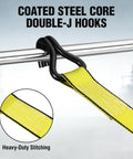 Heavy Duty Ratchet Tie Down Straps 1.5 Inch By 16 Foot 3300 Lb Break Strength 2 Pack in yellow with coated Double-J hooks.