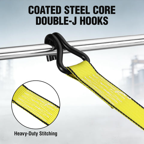 Heavy Duty Ratchet Tie Down Straps 1.5 Inch By 16 Foot 3300 Lb Break Strength 2 Pack in yellow with coated Double-J hooks.