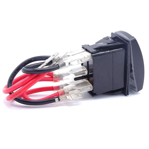 3 Pack Rocker Switch Kit With Laser Sasquatch Lighted Toggle, Blue LED Accent, rear view with red and black wires, durable black panel