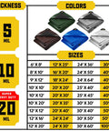 Chart showing available thickness, colors, and sizes, featuring Beefy Heavy Duty 20 Mil Tarp Cover Waterproof UV Resistant Rip And Tear Proof Poly