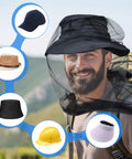 Man wearing Premium Mosquito Head Net 2 Pack For Camping Hiking Fishing Gardening Safari over various hats in outdoor setting.
