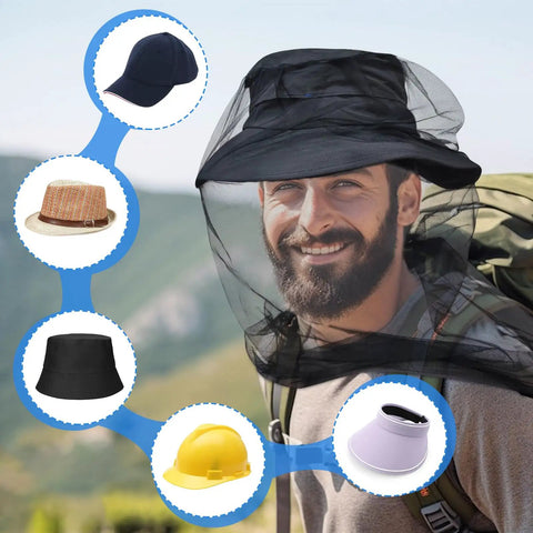Man wearing Premium Mosquito Head Net 2 Pack For Camping Hiking Fishing Gardening Safari over various hats in outdoor setting.