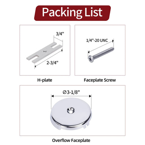 Packing list showing One Hole Bathtub Overflow Faceplate Featuring Hella Tough Chrome Finish components including H-plate, screw, and overflow faceplate.