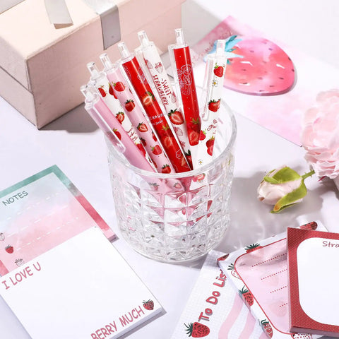 Strawberry Themed Stationery Set With 12 Cute Pens And 6 Strawberry Sticky Notes, A Perfect Gift For Women Students Nurses Teachers Coworkers