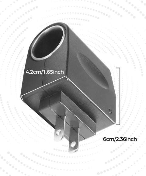 Slick AC To DC Converter Cigarette Lighter Adapter For Wall Plug Ride Ready Car Charger 120V To 12V showcasing size details, compact black design.
