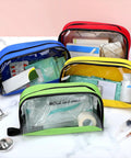 Four Piece Color Coded First Aid Pouches Set With Transparent Window For Easy Visibility Zippered Medical Supply Bags In Red Yellow Blue Green On The Go Travel Organizer For Home Office And Emergency Kits displayed.