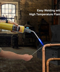 Person using Modern MAPP Gas Substitute For Torch Work, 14.1 Oz Propylene Cylinder for welding in workshop
