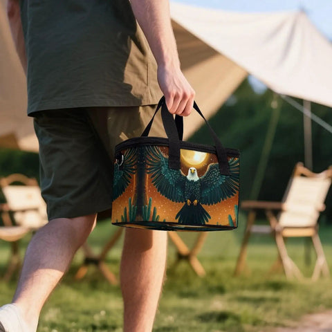 Man carrying Sun And Desert Insulated Cooler Bag Lunch Tote With Adjustable Strap Keeps Food Cold All Day Or Fresh For Hours at campsite