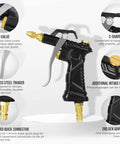 Pro Grade Air Blow Gun Set With Brass Adjustable Nozzle and labeled features including quick coupler, trigger, and grip design.