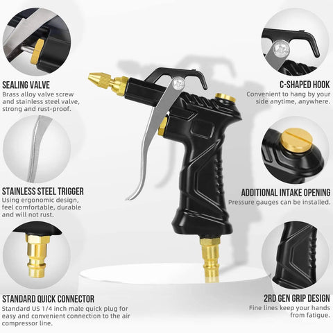 Pro Grade Air Blow Gun Set With Brass Adjustable Nozzle and labeled features including quick coupler, trigger, and grip design.