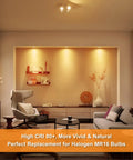 Cozy living room with 12 Pack MR16 LED Spotlight Bulbs Featuring GU5.3 Bi Pin Base, warm light illuminating gray couch.