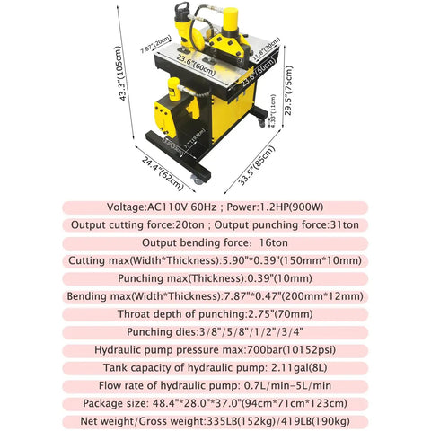 Heavy Duty Electric Hydraulic Busbar Processor Cutter 900W Motor And 700 Bar Pressure with specifications for cutting, bending, and punching.