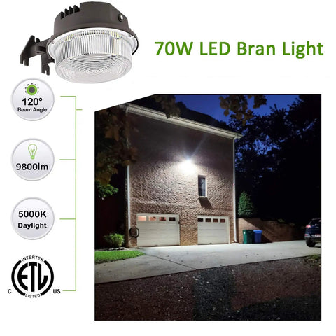 Beast 70W Barn Light With 9800 Lumen Output, 5000K Daylight Outdoor Flood Light illuminating garage at night