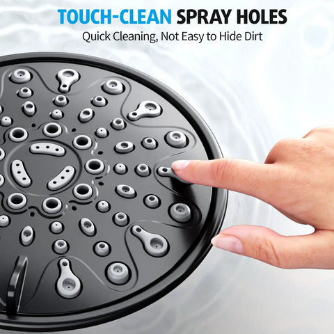 Touch-clean spray holes on matte black 6-inch shower head from Three-Way Shower Faucet With Valve Included system