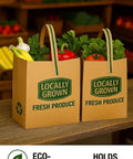 Natural Kraft Paper Tote Bag With Eco Friendly Design For Farm Markets And Local Shops, filled with fresh produce, on a counter.