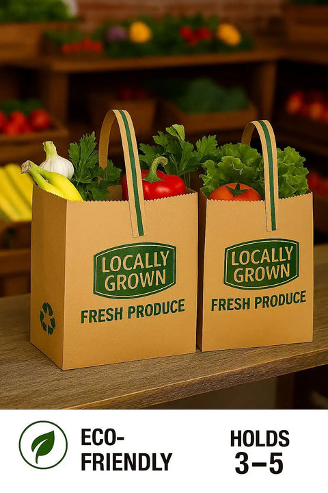 Natural Kraft Paper Tote Bag With Eco Friendly Design For Farm Markets And Local Shops, filled with fresh produce, on a counter.