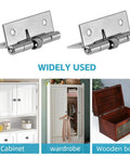 Two 2-inch stainless steel spring self-opening door hinges; shown with cabinet, wardrobe, and wooden box visuals.