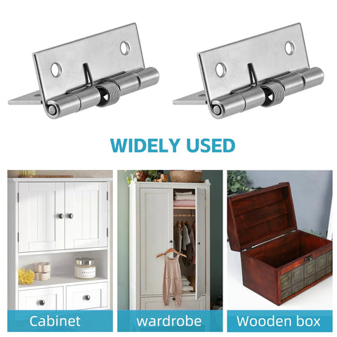Two 2-inch stainless steel spring self-opening door hinges; shown with cabinet, wardrobe, and wooden box visuals.