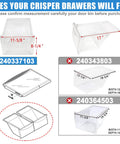 Size guide for Two Pack Upgraded 240337103 Crisper Drawer Replacement showing dimensions and compatibility with other models.