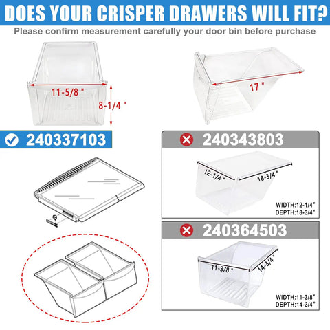 Size guide for Two Pack Upgraded 240337103 Crisper Drawer Replacement showing dimensions and compatibility with other models.