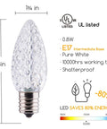 100 Pack Pure White C9 LED Christmas Light Bulbs, Dimmable And Shatterproof, E17 Base, 3-inch bulb details and certifications