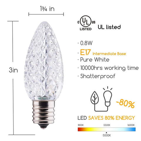 100 Pack Pure White C9 LED Christmas Light Bulbs, Dimmable And Shatterproof, E17 Base, 3-inch bulb details and certifications