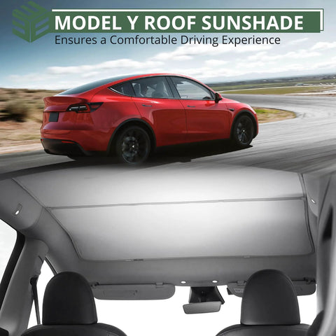 EYPINS Model Y sunshade roof cover for Tesla Model Y (2020–2025), silver; interior view shows installed shade.