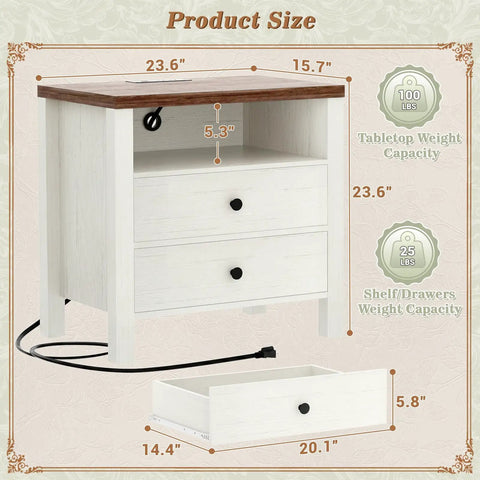 Set Of Two Modern Nightstands Featuring Double Drawers And Integrated Charging Station With Dual AC Outlets Plus USB Ports For Zero Wire Drama And Breezy Bedroom Refresh size and weight capacity details.
