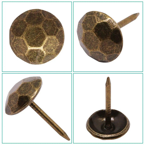 Top Shelf Metal Upholstery Tacks And Furniture Nails For Vintage Diy Makeovers, Rust Resistant Heavy Duty Headpins, 100 Piece Pack Hella Solid Retro Bronze Decorative Hardware, close-up of decorative nail.