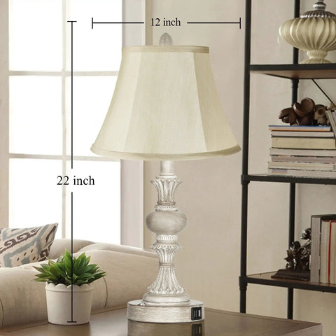 Two Pack Touch Control Table Lamps Set of 2, elegant 22-inch rustic faux silk shaded lamp with dual USB ports in living room.