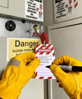 Person using the Lockout Tagout Station Kit With 6 Safety Padlocks, 2 Hasps, 2 Small Breaker Locks, 30 Loto Tags, 30 Nylon Ties, Wall Mounted Safety Box Ready To Roll For OSHA Compliance And Quick Lockout Setup on equipment panel.