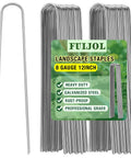 Heavy Duty 12 Inch 8 Gauge Galvanized Landscape Staples, U Shaped Ground Cover Stakes, Pack Of 25 displayed with packaging and single staple