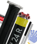 Pair Of 1.75 Inch Heavy Duty Garage Door Torsion Springs Set With Non Slip Winding Bars And Gloves For Replacement Oil Free Black Coated Minimum 16,000 Cycles Left And Right 0.207 By 1.75 By 24 Inches, gloves and winding bars visible