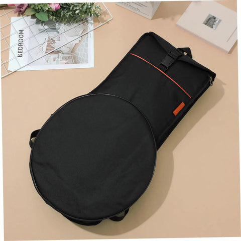 Premium Drum Pad Storage Bag Featuring Slick Waterproof Fabric Cover And Smart Mesh Accessory Organizer Pouch For Snare Stand Gear Gig Ready Hella Durable Travel Case laid flat with side pouch.