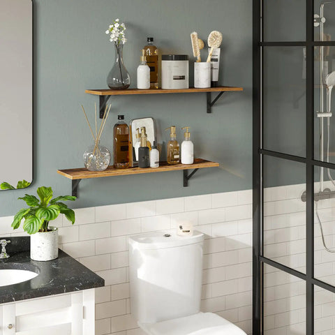 Pro Level Floating Wall Shelves Featuring Ridiculously Strong Metal Brackets And Zero Sag Particleboard Design For Bedroom Storage Or Bathroom Display Plus Straight Up Easy Hanging That Holds Up To 22 Pounds With Ease, styled with toiletries and decor in a modern bathroom.