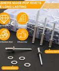 500 Piece 304 Stainless Steel Pop Rivets Kit With Washers And Case 9 SAE Sizes From 3/16 Inch To 1 Inch Assorted Blind Rivets