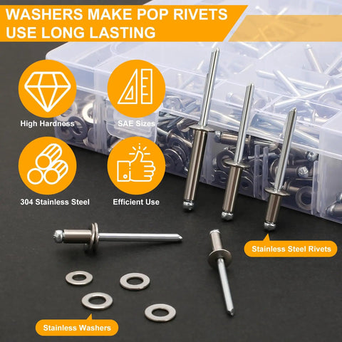 500 Piece 304 Stainless Steel Pop Rivets Kit With Washers And Case 9 SAE Sizes From 3/16 Inch To 1 Inch Assorted Blind Rivets