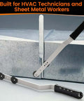 16 Inch Steel Duct Stretcher With Ergonomic Wave Grip And Extended Bend For Extra Clearance Built Tough Drive Cleat Installation And Duct Pulling Tool For HVAC Ductwork Alignment Offset Handle For Hand Safety shown in use