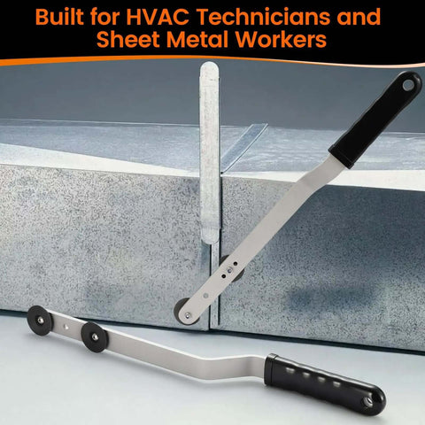 16 Inch Steel Duct Stretcher With Ergonomic Wave Grip And Extended Bend For Extra Clearance Built Tough Drive Cleat Installation And Duct Pulling Tool For HVAC Ductwork Alignment Offset Handle For Hand Safety shown in use