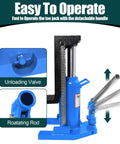 Heavy Duty Twenty Ton Toe Jack With Adjustable Height Rack And Dual Lifting Power For Crushing Through Tight Garage Spots Real Shop Workhorse For Automotive Pros And Serious Diy Mechanics showing unloading valve and rotating rod.