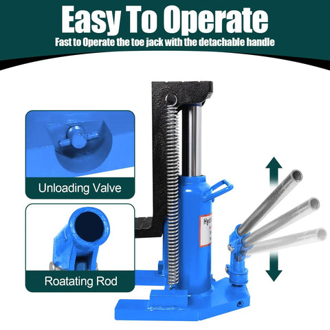 Heavy Duty Twenty Ton Toe Jack With Adjustable Height Rack And Dual Lifting Power For Crushing Through Tight Garage Spots Real Shop Workhorse For Automotive Pros And Serious Diy Mechanics showing unloading valve and rotating rod.