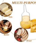 Heavy Duty Stainless Steel Cheese Slicer Wire And Y Type Cutter With Twist Lock Kitchen Workhorse For Cheese Boards And Meal Prep No Drama Total Game Changer Dishwasher Safe with cheese, tofu, and butter.