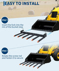 Beefy Clamp On Debris Forks For 60 Inch Tractor Buckets, 4400 Lb Capacity, Quick Attach, 6 Tine Pallet Forks installation steps.