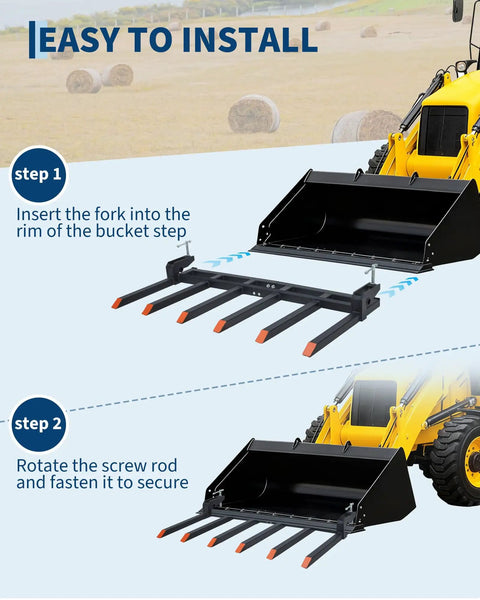 Beefy Clamp On Debris Forks For 60 Inch Tractor Buckets, 4400 Lb Capacity, Quick Attach, 6 Tine Pallet Forks installation steps.