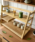 Three Tier Bamboo Matcha Station Organizer For Kitchen Countertop And Tea Bar All In One Shelf For Matcha Powder Whisk Spoons And Cups Coffee Bar Accessories Clutter Free Home Barista Setup holding matcha tools and cups
