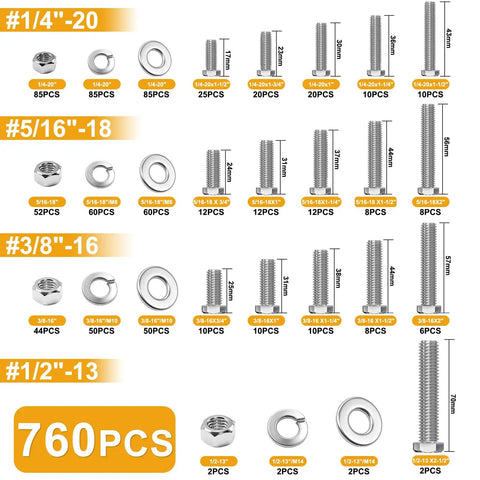 Hex Bolts And Nuts Kit 760-Piece Stainless Steel SAE Set details with bolt sizes 1/4-20, 5/16-18, 3/8-16, 1/2-13 visible
