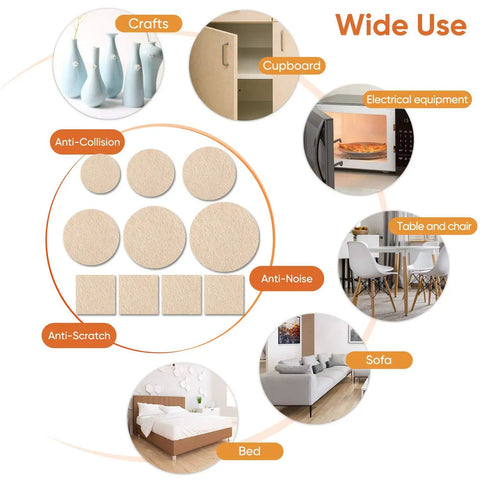 Beige Premium Furniture Felt Pads 300 Pack Self Adhesive Anti Scratch Floor Protectors, various uses displayed, for table, chair, sofa.